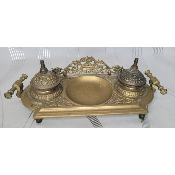 Vintage Ornate Double Ink Well Brass w Inserts Covers Decorative Desk Victorian - Picture 1 of 11